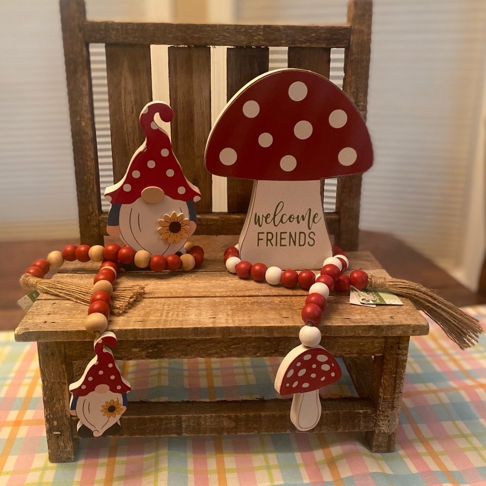 Spring Gnome Tier Tray Decor, Summer Gnome Beaded Garland & Mushroom Wood Sign